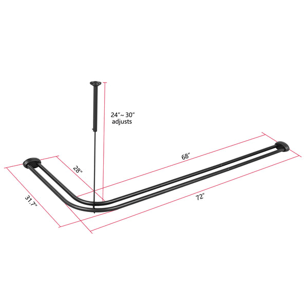 Utopia Alley DLR1XX Rustproof Wall Mounted Aluminum Double L Shaped Shower Curtain Rod 72" L x 31.7" W,  with 24 Shower Liner Hooks for interior rod included  & Ceiling Support