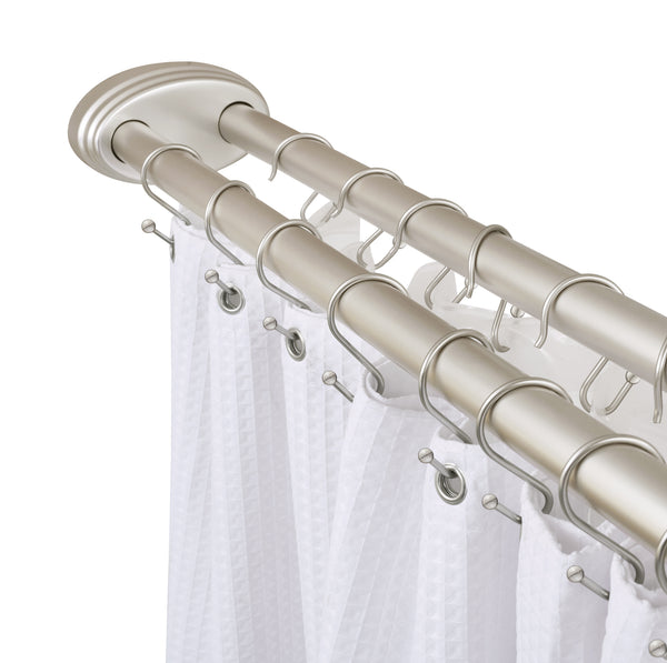 Utopia Alley DLR1XX Rustproof Wall Mounted Aluminum Double L Shaped Shower Curtain Rod 72" L x 31.7" W,  with 24 Shower Liner Hooks for interior rod included  & Ceiling Support