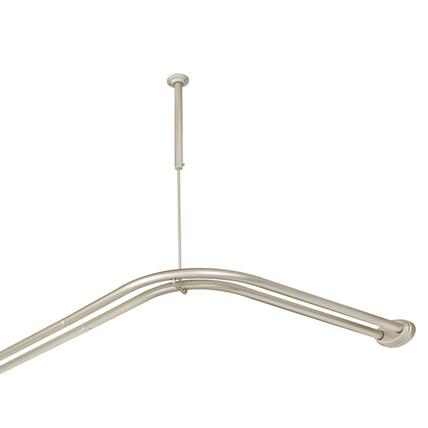 Utopia Alley DLR1XX Rustproof Wall Mounted Aluminum Double L Shaped Shower Curtain Rod 72" L x 31.7" W,  with 24 Shower Liner Hooks for interior rod included  & Ceiling Support