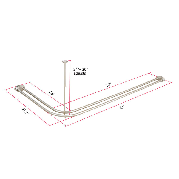 Utopia Alley DLR1XX Rustproof Wall Mounted Aluminum Double L Shaped Shower Curtain Rod 72" L x 31.7" W,  with 24 Shower Liner Hooks for interior rod included  & Ceiling Support