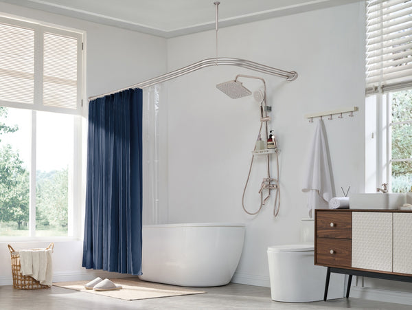 Utopia Alley DLR1XX Rustproof Wall Mounted Aluminum Double L Shaped Shower Curtain Rod 72" L x 31.7" W,  with 24 Shower Liner Hooks for interior rod included  & Ceiling Support