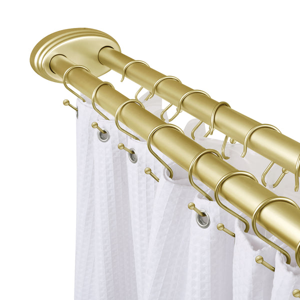 Utopia Alley DLR1XX Rustproof Wall Mounted Aluminum Double L Shaped Shower Curtain Rod 72" L x 31.7" W,  with 24 Shower Liner Hooks for interior rod included  & Ceiling Support