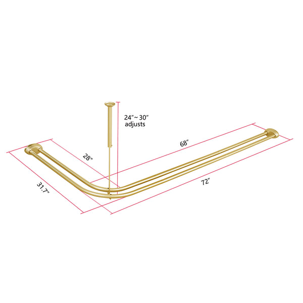 Utopia Alley DLR1XX Rustproof Wall Mounted Aluminum Double L Shaped Shower Curtain Rod 72" L x 31.7" W,  with 24 Shower Liner Hooks for interior rod included  & Ceiling Support