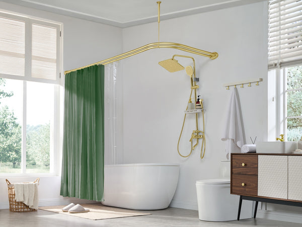 Utopia Alley DLR1XX Rustproof Wall Mounted Aluminum Double L Shaped Shower Curtain Rod 72" L x 31.7" W,  with 24 Shower Liner Hooks for interior rod included  & Ceiling Support