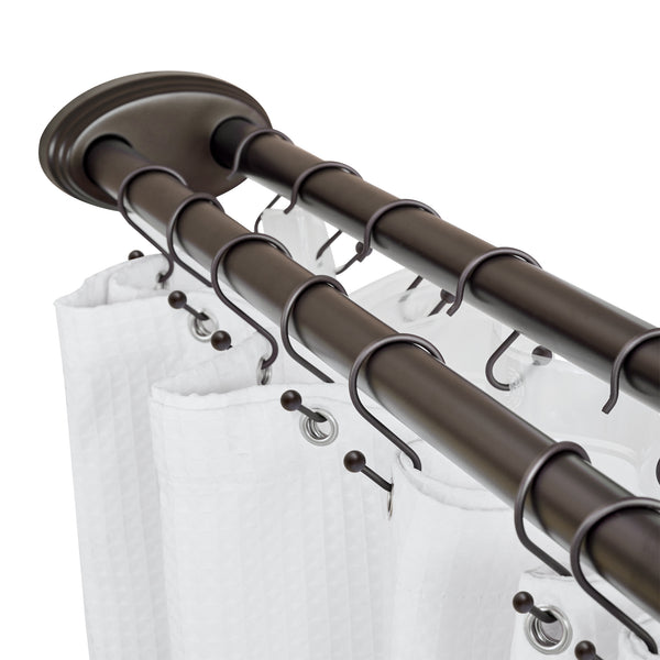 Utopia Alley DLR1XX Rustproof Wall Mounted Aluminum Double L Shaped Shower Curtain Rod 72" L x 31.7" W,  with 24 Shower Liner Hooks for interior rod included  & Ceiling Support