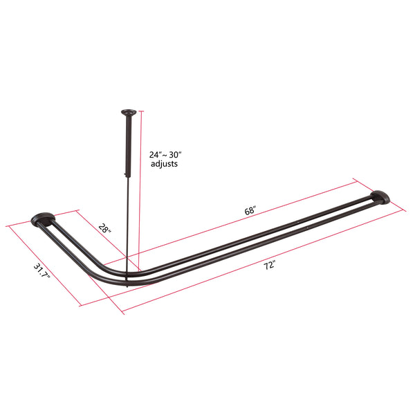 Utopia Alley DLR1XX Rustproof Wall Mounted Aluminum Double L Shaped Shower Curtain Rod 72" L x 31.7" W,  with 24 Shower Liner Hooks for interior rod included  & Ceiling Support