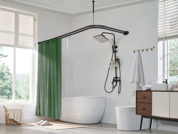 Utopia Alley DLR1XX Rustproof Wall Mounted Aluminum Double L Shaped Shower Curtain Rod 72" L x 31.7" W,  with 24 Shower Liner Hooks for interior rod included  & Ceiling Support