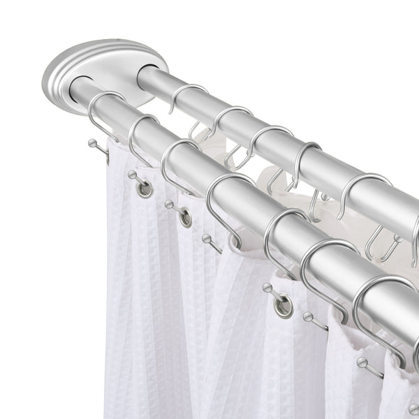 Utopia Alley DLR1XX Rustproof Wall Mounted Aluminum Double L Shaped Shower Curtain Rod 72" L x 31.7" W,  with 24 Shower Liner Hooks for interior rod included  & Ceiling Support