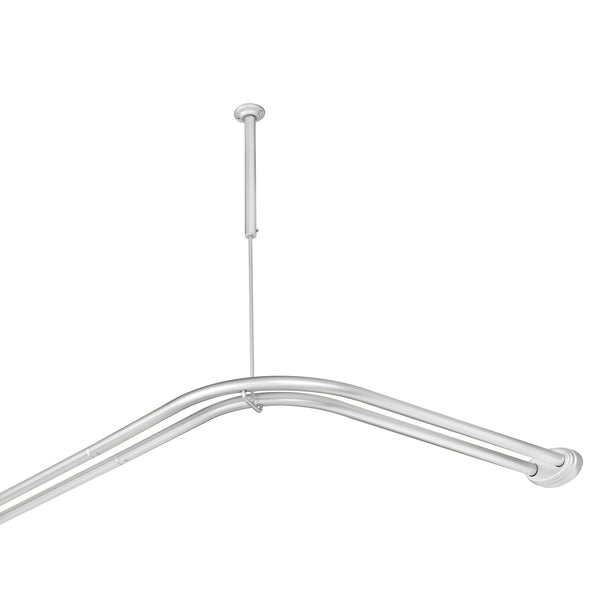 Utopia Alley DLR1XX Rustproof Wall Mounted Aluminum Double L Shaped Shower Curtain Rod 72" L x 31.7" W,  with 24 Shower Liner Hooks for interior rod included  & Ceiling Support