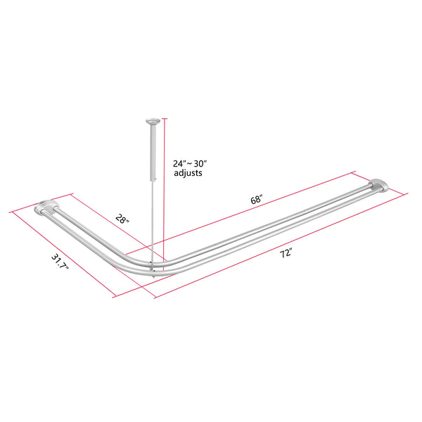 Utopia Alley DLR1XX Rustproof Wall Mounted Aluminum Double L Shaped Shower Curtain Rod 72" L x 31.7" W,  with 24 Shower Liner Hooks for interior rod included  & Ceiling Support