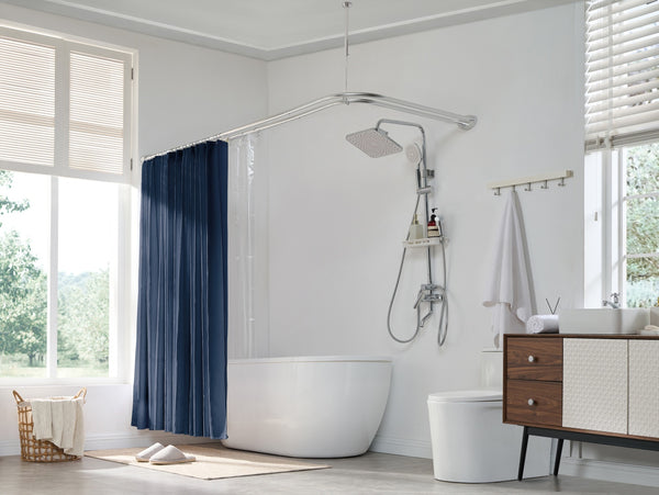 Utopia Alley DLR1XX Rustproof Wall Mounted Aluminum Double L Shaped Shower Curtain Rod 72" L x 31.7" W,  with 24 Shower Liner Hooks for interior rod included  & Ceiling Support