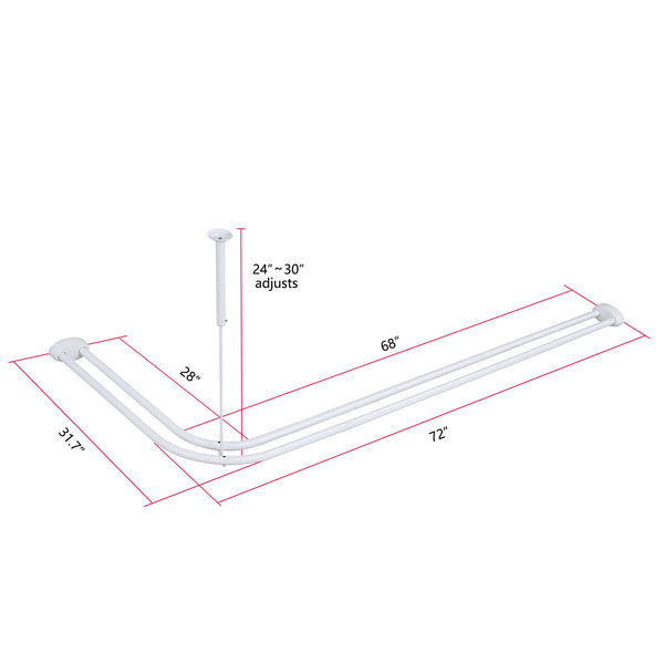 Utopia Alley DLR1XX Rustproof Wall Mounted Aluminum Double L Shaped Shower Curtain Rod 72" L x 31.7" W,  with 24 Shower Liner Hooks for interior rod included  & Ceiling Support