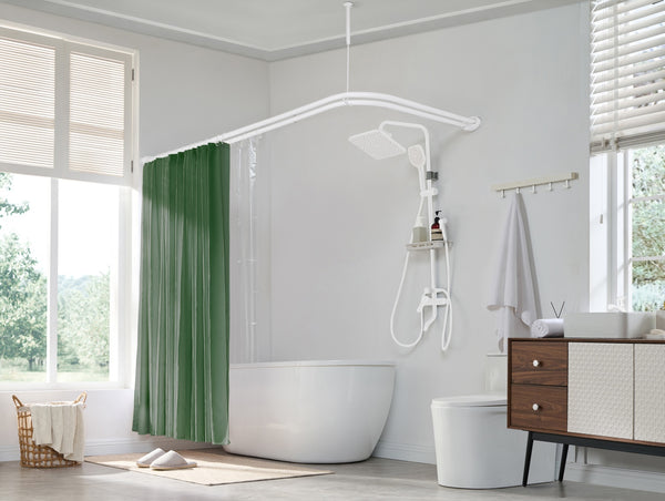 Utopia Alley DLR1XX Rustproof Wall Mounted Aluminum Double L Shaped Shower Curtain Rod 72" L x 31.7" W,  with 24 Shower Liner Hooks for interior rod included  & Ceiling Support
