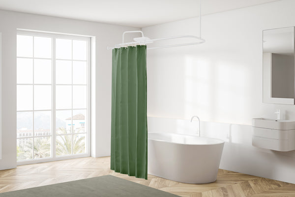 Utopia Alley HP9XX Rustproof Wall Mounted Aluminum Hoop Shower Rod With Ceiling Support for Clawfoot Tub, 45.7 Inch Size by 22 Inch, with White Shower Curtain 180x70 inch