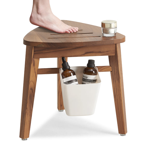 Utopia Alley SF05TK Teak Shower Stool for Shaving, Teak Corner Shower Bench for Inside Shower, Small Wood Shower Stool for Foot Rest Bathroom, Waterproof Teak Corner Shower Stool 12.6", Easy Assembly