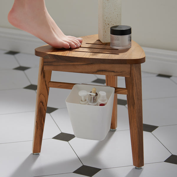 Utopia Alley SF05TK Teak Shower Stool for Shaving, Teak Corner Shower Bench for Inside Shower, Small Wood Shower Stool for Foot Rest Bathroom, Waterproof Teak Corner Shower Stool 12.6", Easy Assembly