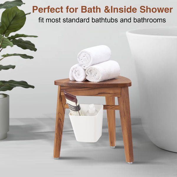 Utopia Alley SF05TK Teak Shower Stool for Shaving, Teak Corner Shower Bench for Inside Shower, Small Wood Shower Stool for Foot Rest Bathroom, Waterproof Teak Corner Shower Stool 12.6", Easy Assembly