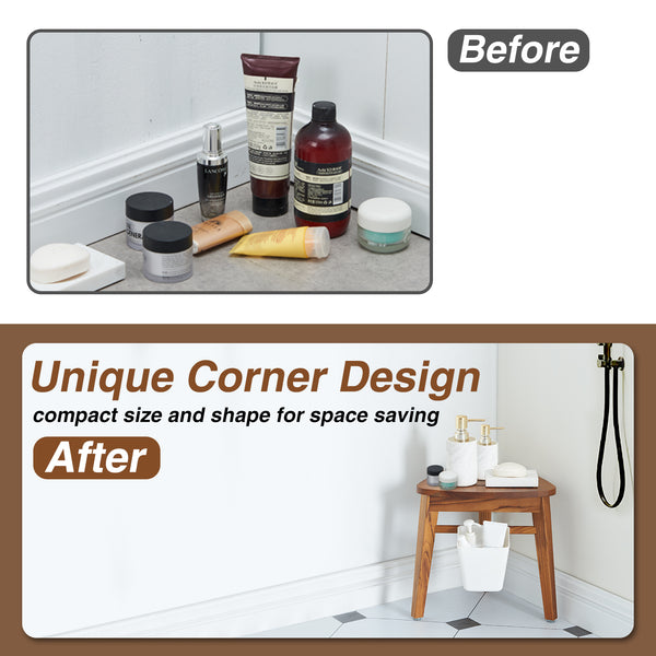 Utopia Alley SF05TK Teak Shower Stool for Shaving, Teak Corner Shower Bench for Inside Shower, Small Wood Shower Stool for Foot Rest Bathroom, Waterproof Teak Corner Shower Stool 12.6", Easy Assembly