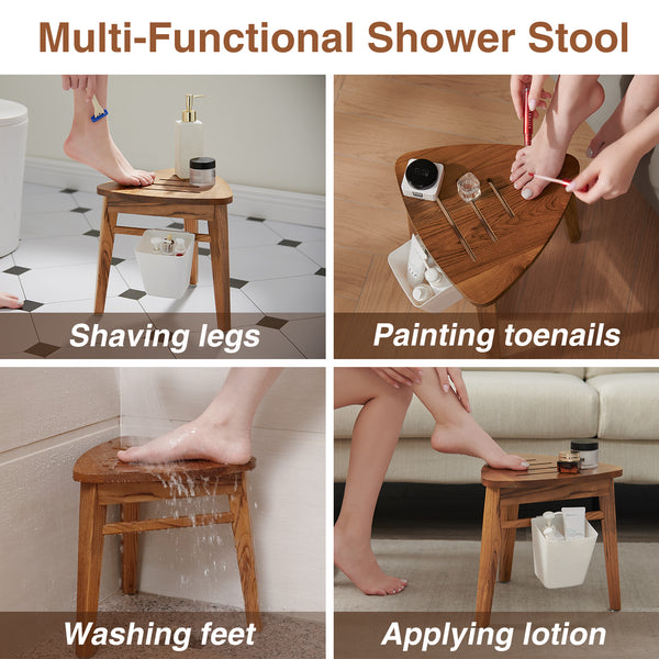 Utopia Alley SF05TK Teak Shower Stool for Shaving, Teak Corner Shower Bench for Inside Shower, Small Wood Shower Stool for Foot Rest Bathroom, Waterproof Teak Corner Shower Stool 12.6", Easy Assembly