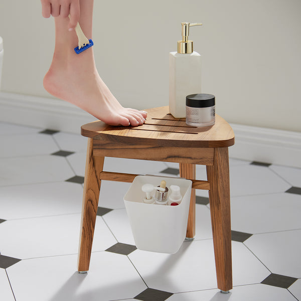 Utopia Alley SF05TK Teak Shower Stool for Shaving, Teak Corner Shower Bench for Inside Shower, Small Wood Shower Stool for Foot Rest Bathroom, Waterproof Teak Corner Shower Stool 12.6", Easy Assembly