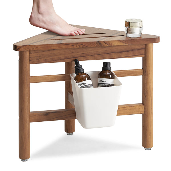 Utopia Alley SF06TK Teak Corner Shower Stool, Small Corner Shower Bench for Shaving, Teak Shower Bench with Plastic Storage, Waterproof 12" Shower Stool for Inside Shower, Indoor & Outdoor Use, Easy Assemble