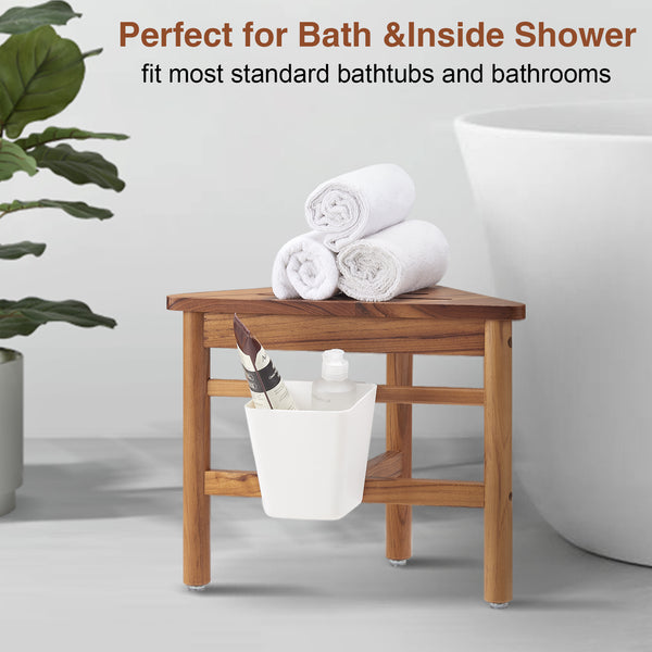 Utopia Alley SF06TK Teak Corner Shower Stool, Small Corner Shower Bench for Shaving, Teak Shower Bench with Plastic Storage, Waterproof 12" Shower Stool for Inside Shower, Indoor & Outdoor Use, Easy Assemble