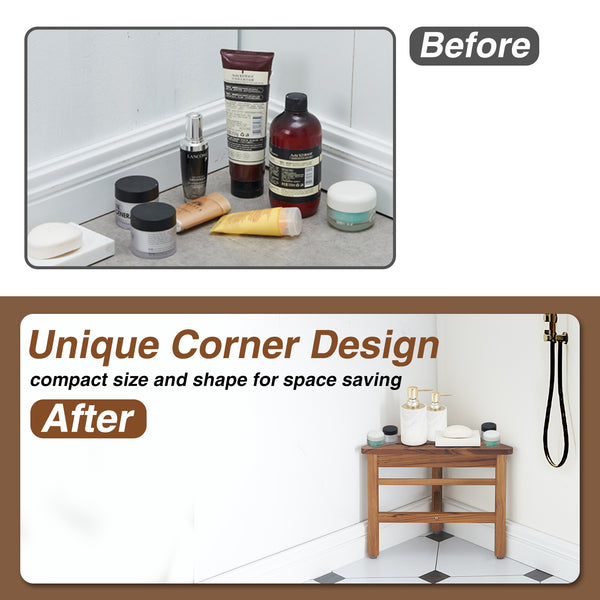 Utopia Alley SF06TK Teak Corner Shower Stool, Small Corner Shower Bench for Shaving, Teak Shower Bench with Plastic Storage, Waterproof 12" Shower Stool for Inside Shower, Indoor & Outdoor Use, Easy Assemble