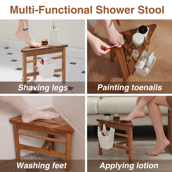 Utopia Alley SF06TK Teak Corner Shower Stool, Small Corner Shower Bench for Shaving, Teak Shower Bench with Plastic Storage, Waterproof 12" Shower Stool for Inside Shower, Indoor & Outdoor Use, Easy Assemble