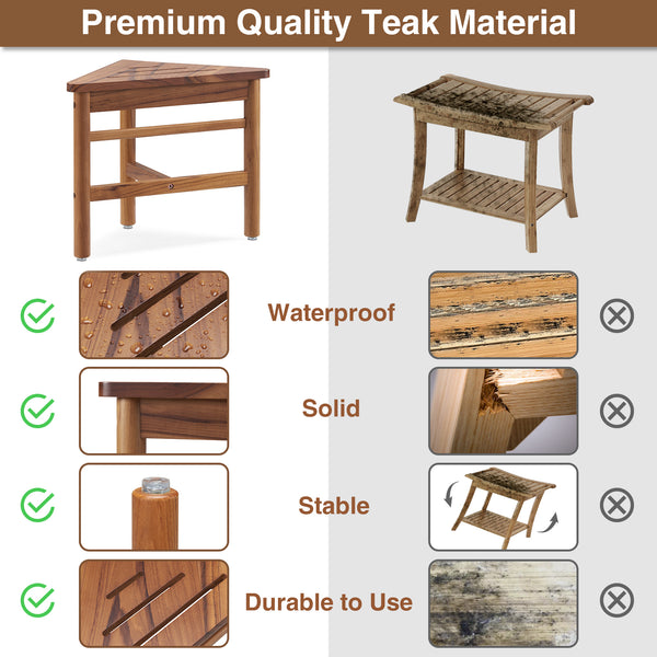 Utopia Alley SF06TK Teak Corner Shower Stool, Small Corner Shower Bench for Shaving, Teak Shower Bench with Plastic Storage, Waterproof 12" Shower Stool for Inside Shower, Indoor & Outdoor Use, Easy Assemble