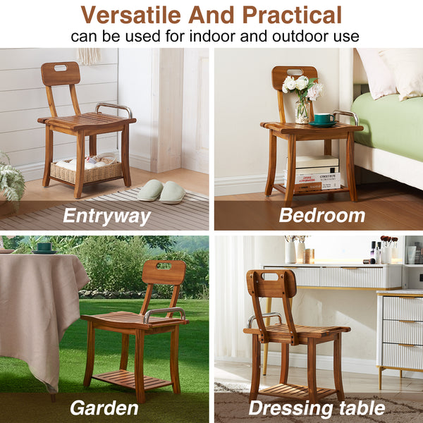 Utopia Alley SF07TK 19'' Teak Shower Bench with Handle & Backrest, 2-Tier Teak Shower Stool for Shaving Legs, Wood Teak Shower Seat for Senior Elderly Waterproof Heavy Duty, Wood Shower Seat for Inside Shower