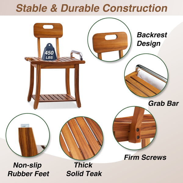 Utopia Alley SF07TK 19'' Teak Shower Bench with Handle & Backrest, 2-Tier Teak Shower Stool for Shaving Legs, Wood Teak Shower Seat for Senior Elderly Waterproof Heavy Duty, Wood Shower Seat for Inside Shower