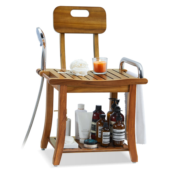 Utopia Alley SF07TK 19'' Teak Shower Bench with Handle & Backrest, 2-Tier Teak Shower Stool for Shaving Legs, Wood Teak Shower Seat for Senior Elderly Waterproof Heavy Duty, Wood Shower Seat for Inside Shower