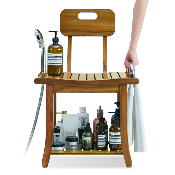 Utopia Alley SF07TK 19'' Teak Shower Bench with Handle & Backrest, 2-Tier Teak Shower Stool for Shaving Legs, Wood Teak Shower Seat for Senior Elderly Waterproof Heavy Duty, Wood Shower Seat for Inside Shower