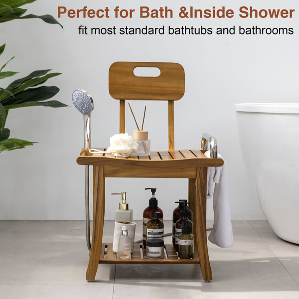 Utopia Alley SF07TK 19'' Teak Shower Bench with Handle & Backrest, 2-Tier Teak Shower Stool for Shaving Legs, Wood Teak Shower Seat for Senior Elderly Waterproof Heavy Duty, Wood Shower Seat for Inside Shower