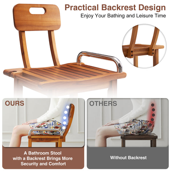 Utopia Alley SF07TK 19'' Teak Shower Bench with Handle & Backrest, 2-Tier Teak Shower Stool for Shaving Legs, Wood Teak Shower Seat for Senior Elderly Waterproof Heavy Duty, Wood Shower Seat for Inside Shower