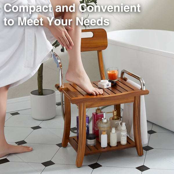 Utopia Alley SF07TK 19'' Teak Shower Bench with Handle & Backrest, 2-Tier Teak Shower Stool for Shaving Legs, Wood Teak Shower Seat for Senior Elderly Waterproof Heavy Duty, Wood Shower Seat for Inside Shower