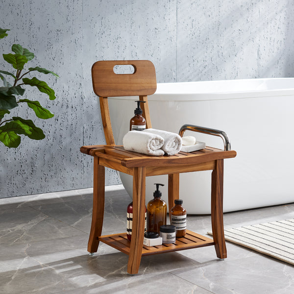 Utopia Alley SF07TK 19'' Teak Shower Bench with Handle & Backrest, 2-Tier Teak Shower Stool for Shaving Legs, Wood Teak Shower Seat for Senior Elderly Waterproof Heavy Duty, Wood Shower Seat for Inside Shower