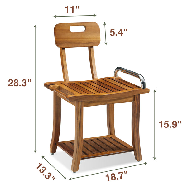 Utopia Alley SF07TK 19'' Teak Shower Bench with Handle & Backrest, 2-Tier Teak Shower Stool for Shaving Legs, Wood Teak Shower Seat for Senior Elderly Waterproof Heavy Duty, Wood Shower Seat for Inside Shower
