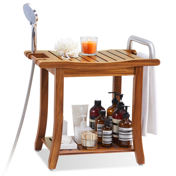 Utopia Alley SF08TK 20'' Teak Shower Bench with Handle, Large Teak Shower Stool for Bathroom, Waterproof Bathroom Bench - Teak Shower Seat, 2 Tier Teak Wood Shower Stool - Shower Chair, Shower Bench for Adult