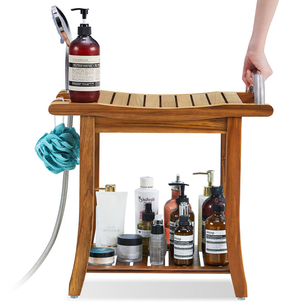 Utopia Alley SF08TK 20'' Teak Shower Bench with Handle, Large Teak Shower Stool for Bathroom, Waterproof Bathroom Bench - Teak Shower Seat, 2 Tier Teak Wood Shower Stool - Shower Chair, Shower Bench for Adult