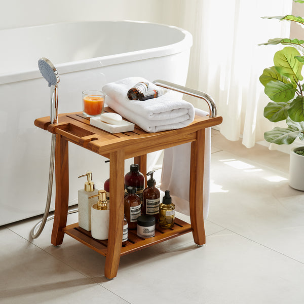 Utopia Alley SF08TK 20'' Teak Shower Bench with Handle, Large Teak Shower Stool for Bathroom, Waterproof Bathroom Bench - Teak Shower Seat, 2 Tier Teak Wood Shower Stool - Shower Chair, Shower Bench for Adult