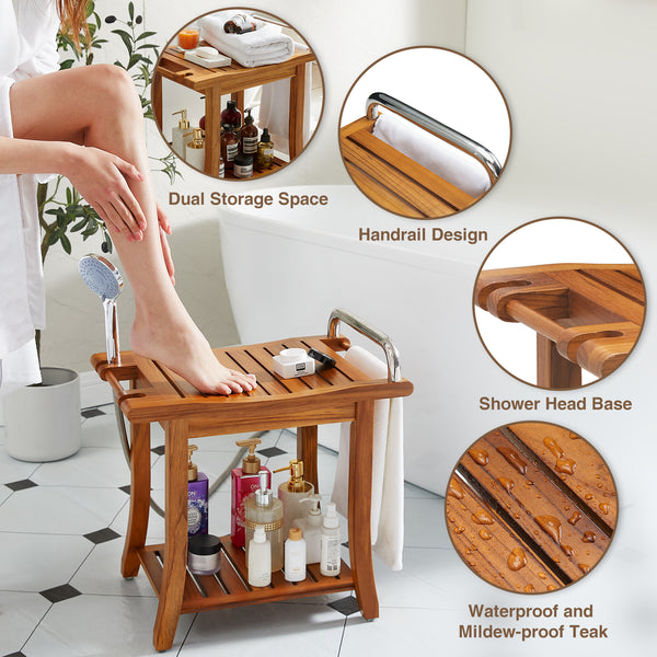 Utopia Alley SF08TK 20'' Teak Shower Bench with Handle, Large Teak Shower Stool for Bathroom, Waterproof Bathroom Bench - Teak Shower Seat, 2 Tier Teak Wood Shower Stool - Shower Chair, Shower Bench for Adult