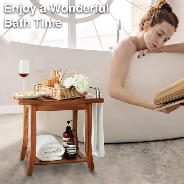 Utopia Alley SF08TK 20'' Teak Shower Bench with Handle, Large Teak Shower Stool for Bathroom, Waterproof Bathroom Bench - Teak Shower Seat, 2 Tier Teak Wood Shower Stool - Shower Chair, Shower Bench for Adult