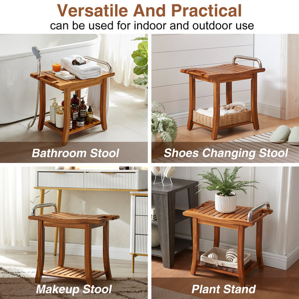 Utopia Alley SF08TK 20'' Teak Shower Bench with Handle, Large Teak Shower Stool for Bathroom, Waterproof Bathroom Bench - Teak Shower Seat, 2 Tier Teak Wood Shower Stool - Shower Chair, Shower Bench for Adult