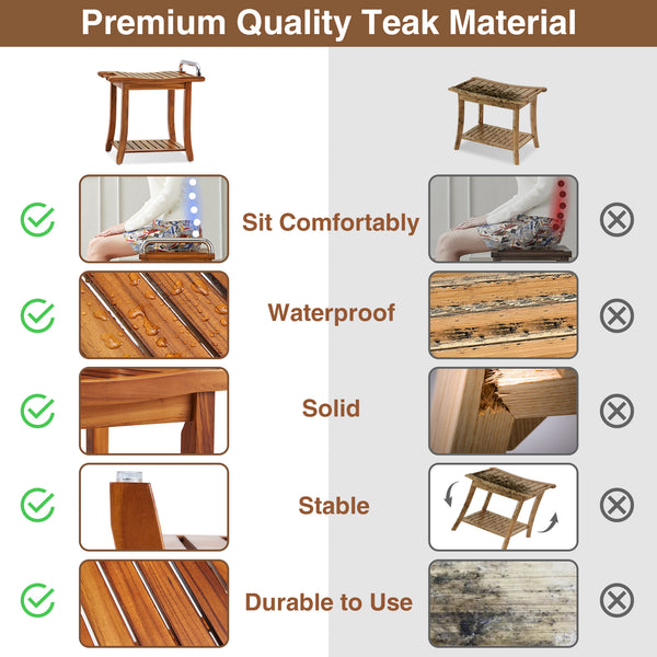 Utopia Alley SF08TK 20'' Teak Shower Bench with Handle, Large Teak Shower Stool for Bathroom, Waterproof Bathroom Bench - Teak Shower Seat, 2 Tier Teak Wood Shower Stool - Shower Chair, Shower Bench for Adult