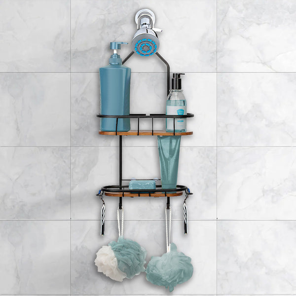 Utopia Alley SHC5XX Tia Rustproof Teak Overhead Shower Caddy with 2 Shelves - Decorative Shower Rack for Shampoo & Toiletries Storage, Hanging Shower Head Organizer for Bathroom Accessories & Guest Bathrooms