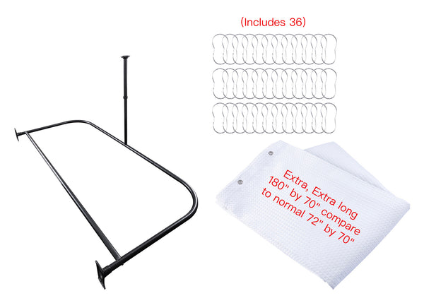 Utopia Alley DR9XX Rustproof Wall Mounted Aluminum D-shape Shower Curtain Rods With Ceiling Support for Freestanding Tubs, 60 Inch Large Size by 25 Inch, with White Shower curtain 180x70 inch