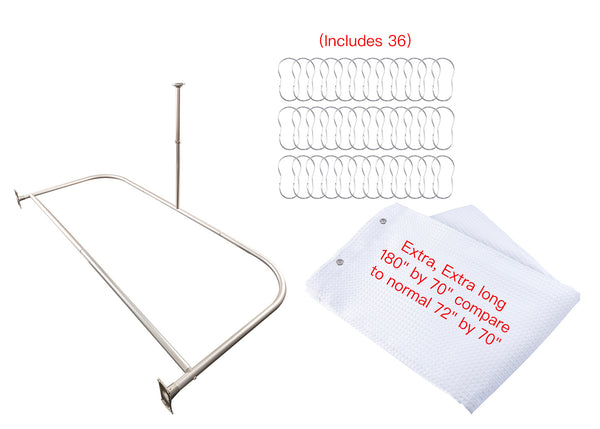 Utopia Alley DR9XX Rustproof Wall Mounted Aluminum D-shape Shower Curtain Rods With Ceiling Support for Freestanding Tubs, 60 Inch Large Size by 25 Inch, with White Shower curtain 180x70 inch