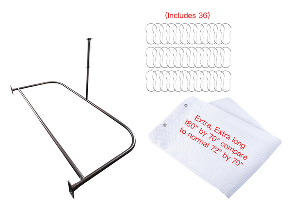 Utopia Alley DR9XX Rustproof Wall Mounted Aluminum D-shape Shower Curtain Rods With Ceiling Support for Freestanding Tubs, 60 Inch Large Size by 25 Inch, with White Shower curtain 180x70 inch