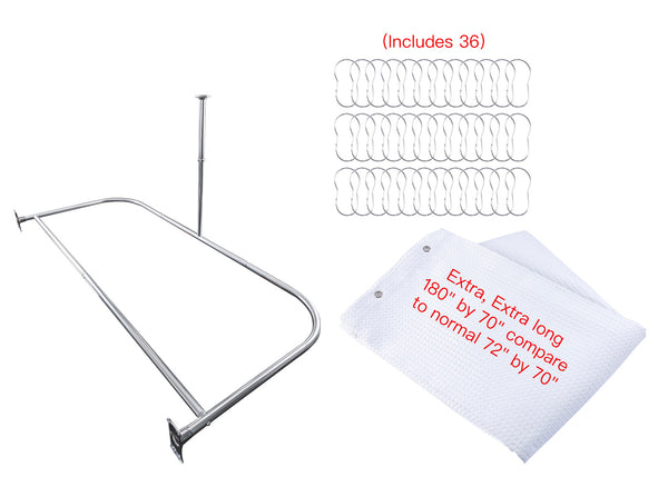 Utopia Alley DR9XX Rustproof Wall Mounted Aluminum D-shape Shower Curtain Rods With Ceiling Support for Freestanding Tubs, 60 Inch Large Size by 25 Inch, with White Shower curtain 180x70 inch